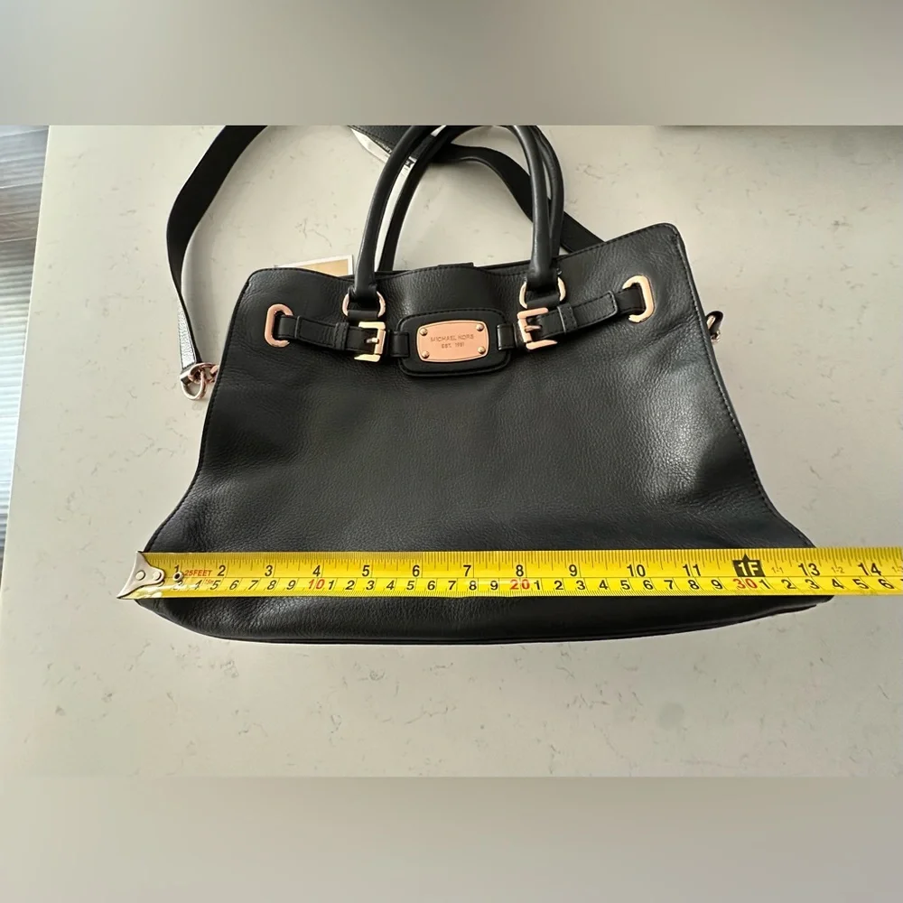 Michael Kors HAMILTON Black Pebbled Leather Satchel Tote Bag Rose Gold Hardware - Picture 10 of 17